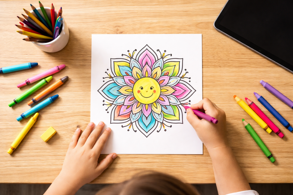Niño coloreando un mandala divertido terapia de arte